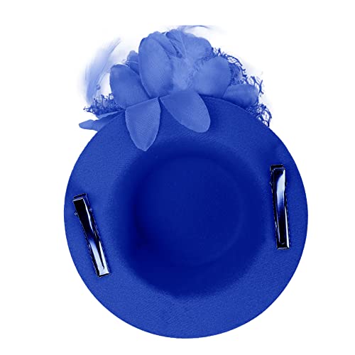 Song Qing Flower Decor Hair Clip Feather Fascinator Burlesque Mini Top Hat for Women Lady - color: Royal Blue