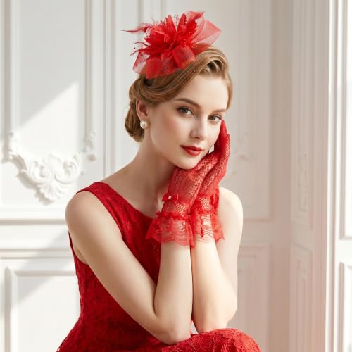 Fascinators Hats with Lace Gloves for Women Headband for Tea Party Wedding - color: Red