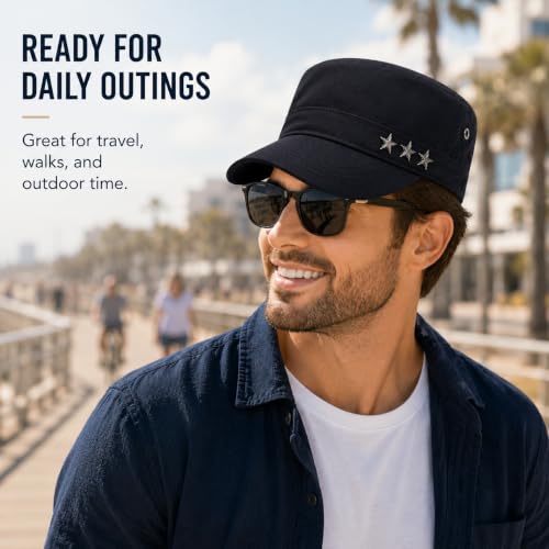 QZUnique Adjustable Flat Top Cap Solid Brim Army Cadet Style Military Hat - color: C- Blue