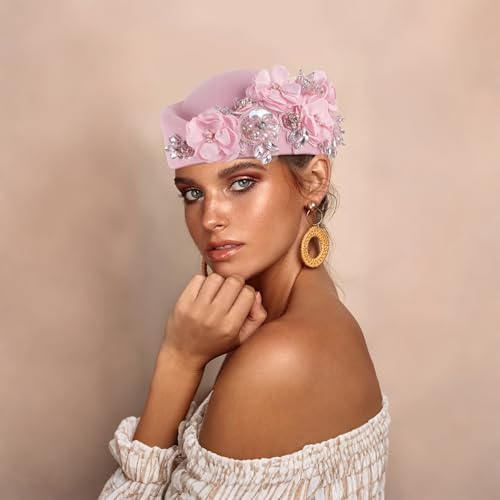 Beret Hats for Women British Felt hat Women's Church Derby Headdress Women's Floral hat Suitable for Wedding Parties Events - color: Pink