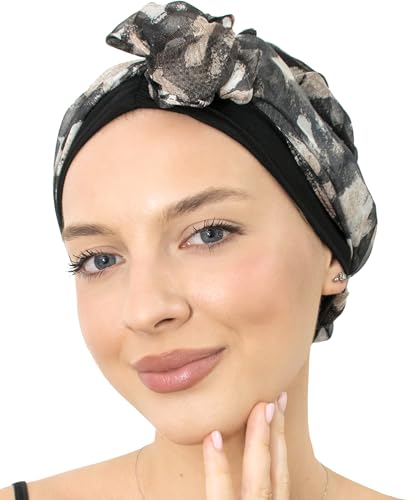 CAPLORD Chemo Headwrap for Women Turban Headwear for Cancer Patients Skull Cap Hair Loss Cover Lightweight Head Covering Hat - color: Black Beige