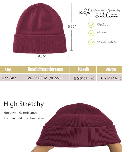 vidsel 100% Cotton Beanie Hat-Unisex Winter Knit Cuffed Beanies Skull Cap - color: 1-wine Red