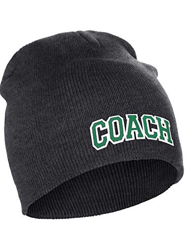 I&W Sports Team Coach Arch Letters Winter Knit Cuffless Beanie 3D Raised Layers - color: Charcoal Beanie White Green