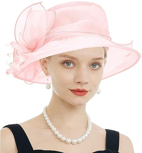 Women's Kentucky Derby Church Dress Hat Wide Brim Leaf Flower Bridal Shower Hat - color: F6 Light Pink
