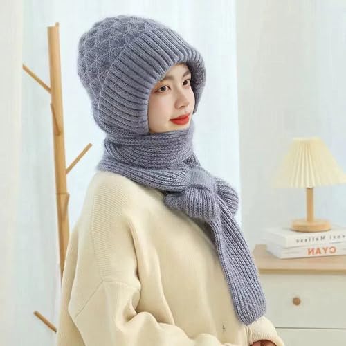 Women Winter Warm Elastic Soft Ear Protection Knitted Scarf Hat Fleece Lined Beanie Hat - color: Grey