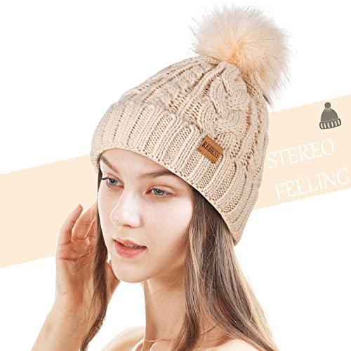 REDESS Women Winter Pompom Beanie Hat with Warm Fleece Lined Thick Slouchy Snow Knit Hat Skull Ski Cap - color: Beige