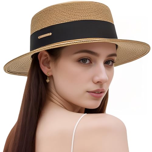 Straw Fedora Boater Flat Top Floppy Panama Sun Hat for Women Men