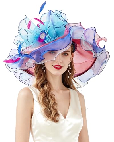 Z&X Women Organza Church Derby Hat Wide Brim Sun Hats for Wedding Tea Party Fascinator Hat, Dual-use - color: 013a- Colorful