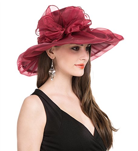 Haojing Women's Organza Church British Fascinator Bridal Tea Party Wedding Hat Summer Ruffles Cap - color: Hjh-burgundy Bowknot