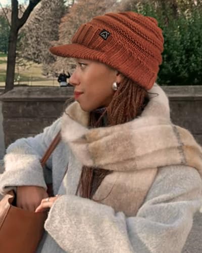 Hat Hut Beanie Hats for Women Men Satin Lined Winter Hats for Women Slouchy Beanies Satin Lined Beanie with Brim Visor - color: Dark Orange
