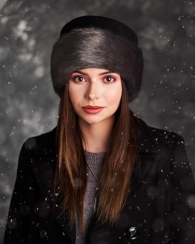 Futrzane Faux Fur Trim Hat for Women - color: Black - Grey Short, size: Medium