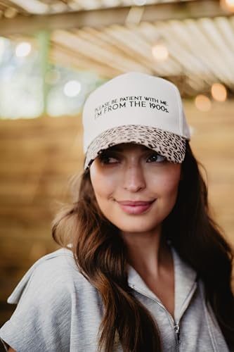 KATYDID Please Be Patient with Me I'm from The 1900s Vintage Hat - Womens Trucker Hat - Embroidered Two-Toned Baseball Cap - color: Leopard/Tan