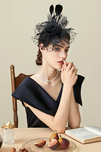 BABEYOND Fascinators Hats for Women Tea Party Flower Tulle Bead Derby Hat - color: Black