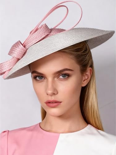 Vintage Fascinators Pillbox Hat for Women Straw Fedora Wide Brim Ladies Church Sinamay Derby Hats - color: Pink White