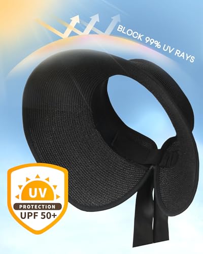Camptrace Women's Straw Sun Visor Hat UPF Wide Shade Ponytail Summer Hat - color: Black