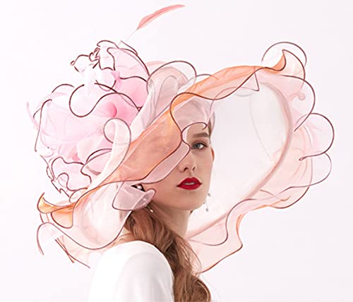 Women Derby Church Organza Flower Wedding Tea Party Fascinator Wide Brim Sun Hat - color: 01-pink
