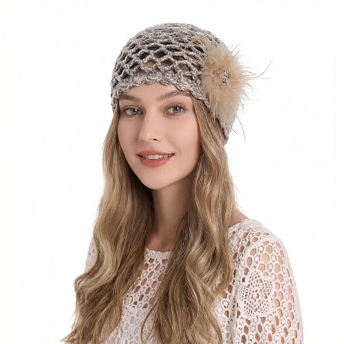 ZLYC Women Crochet Beanie Hat Summer Handmade Knit Decorated Skull Cap - color: Feather Khaki Mixed Gray