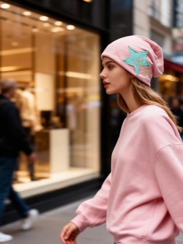 Y2K Slouch Hat Star Beanie Hat Grunge Accessories Winter Warm Cap Retro Design Knit Beanie for Women Men - color: Pink