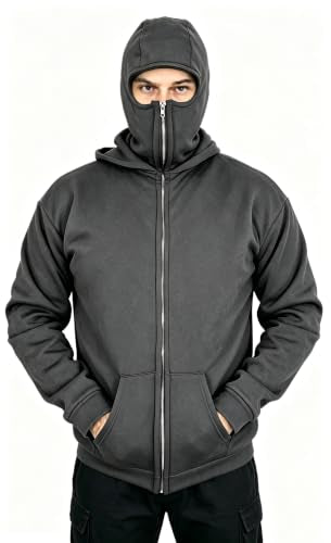 EUDOLAH Balaclava Jacket Zip Up Fashion Double Layer Hoodie Hip Hop Outerwear Jacket Y2K Clothing for Men and Women - color: Grey, size: X-Large