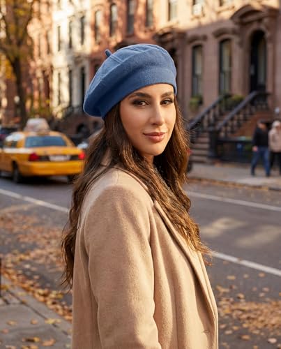 Women's Knitted Beret, French Style Double Layer Winter Autumn Warm and Soft Beanie Hat Cap - color: Z-denim Blue