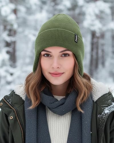 Zylioo XXL XL L Beanie for Big Heads Men Women, Ear Flap Winter Knit Hat - color: Army Green, size: Medium-Large