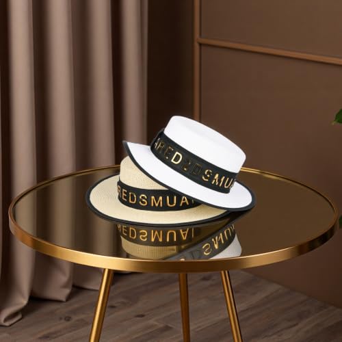 2026 New Viral Influencer Letter Band Boater Straw Sun Hat for Women Wide Brim UV Protection Beach Vacation Essentials - color: White