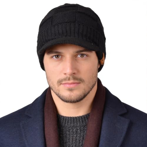 Ruphedy Mens Beanie with Brim Winter Hat Knitted Thick Fleece Visor Beanie - color: B322-black
