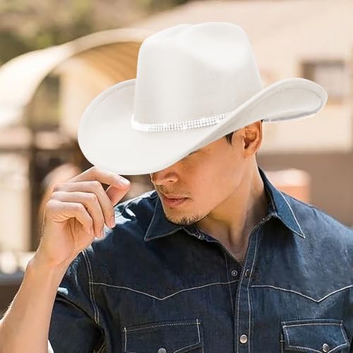 Western Cowboy Hats for Women Classic Felt Wide Brim Fedora Hat with Belt Buckle Retro Panama Hat Unisex Rolled up Cap - color: 1 Pack : White With 3 Rhinestones Bands