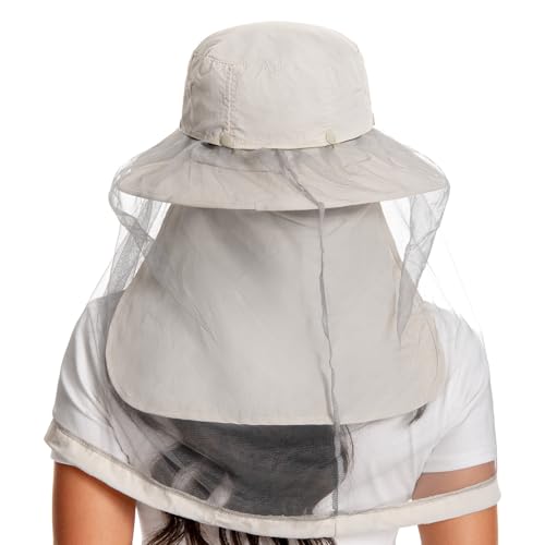 BASSDASH UPF 50+ Mosquito Sun Hat with Hidden Head Net and Neck Flap for Men Women Outdoor Fishing Hiking Camping - color: Beige