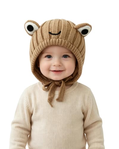 AMPOSSTO Baby Knitted Earflap Beanie Hat Cute Frog Winter Warm Ear Protection Skull Caps with Big Eyes for Boys Girls - color: Brown
