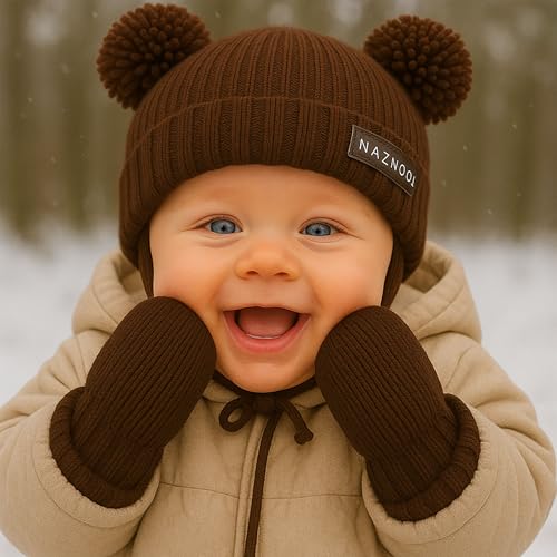 Knitted Colorful Double Pom-Pom Baby Hat and Mittens Set|Warm Winter Newborn Essentials for Boys and Girls 0-6 Months - color: Brown