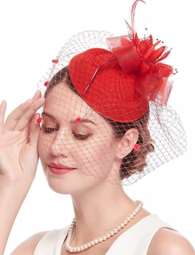 Fascinator Hats for Women 20s 50s Vintage Pillbox Hat Kentucky Derby Fascinators Flower Veil Wedding Tea Party Hat - color: 1-red