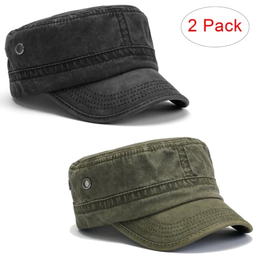 2 Pack Military Caps for Men Women, Washed Cotton Cadet Army Hats - color: Army Green+black