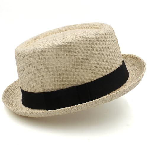 Unisex Adults Men Women Straw Pork Pie Hats Summer Sunhats Outdoor Fedora Party Trilby Caps US Size 7 1/8-7 1/4 UK Size M-L - color: Beige