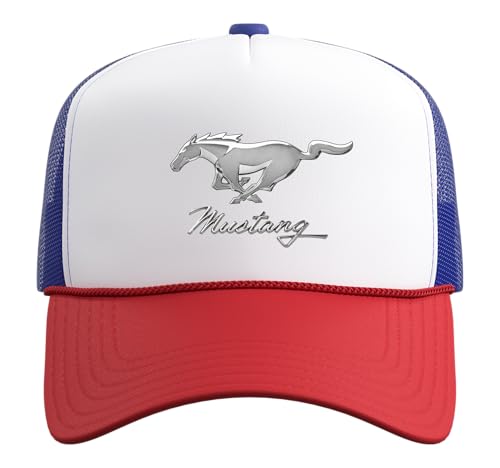 Mustang Emblem Trucker Hat with Adjustable Mesh Back - color: Red/White/Royal Blue