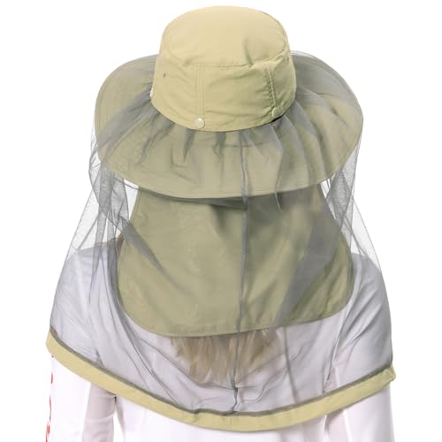 BASSDASH UPF 50+ Mosquito Sun Hat with Hidden Head Net and Neck Flap for Men Women Outdoor Fishing Hiking Camping - color: Khaki