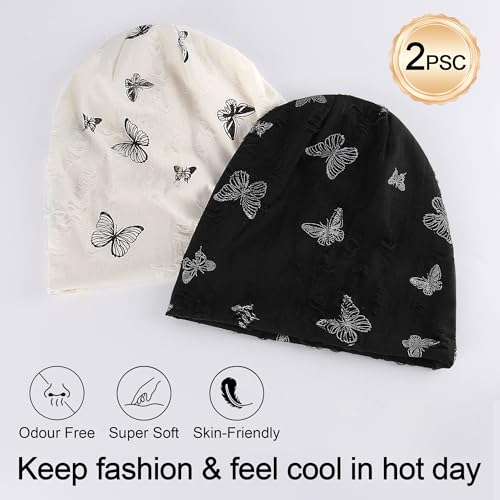 Ababalaya Womens Cotton Summer Beanie Chemo Headwear Sleep Cap - color: A-butterfly Closed Top