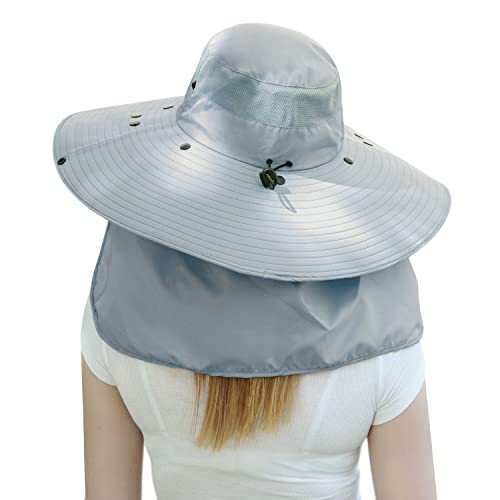 Women Wide Brim Face Mask Sun Hat Detachable Neck Face Flap Ponytail UV Protection Visor Hat Garden Fishing Hiking - color: Hyp008-lightgray