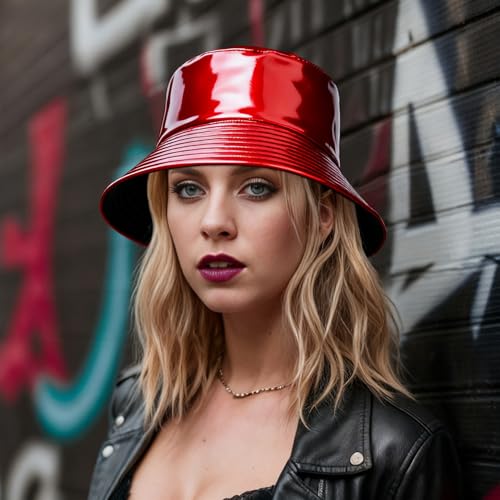 MILAKOO Rave Hologram Metallic Bucket Hat Reversible Cap Reflective Waterproof Rain Fisherman Hat - color: G: Red