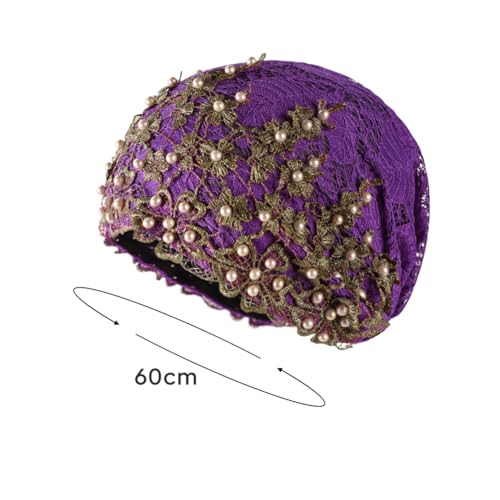 haozaikeji Women Flower Turban Hat Rhinestones Muslim Islamic Head Wrap African Pearl Turban Soft Stretchy Head Cover - color: Purple