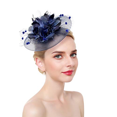 ACTLATI Fascinators Hat for Women Tea Party Headpiece Wedding Cocktail Flower Mesh Feathers Hair Clip 20s Flapper Fascinators - color: A7-navy Blue