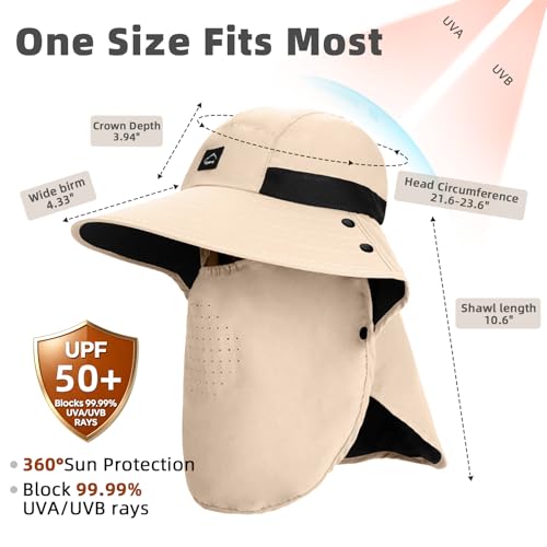 Outdoor Sun Hat for Men Women, UPF 50+ Safari Cap Fishing Hat with Detachable Face Cover & Neck Flap Beach Garden Hiking - color: 1pack-beige