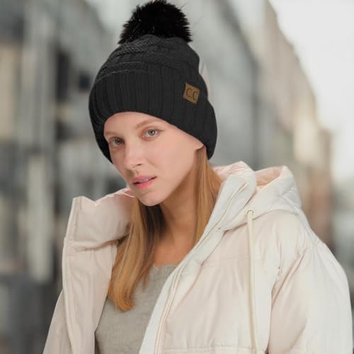 C.C Knit Beanie Hat – Fuzzy Fleece Lined Warm Winter Hat, Faux Fur Pom Soft Stretchy Slouchy Knit Cap, Cold Weather Beanie - color: Black / Black Pom