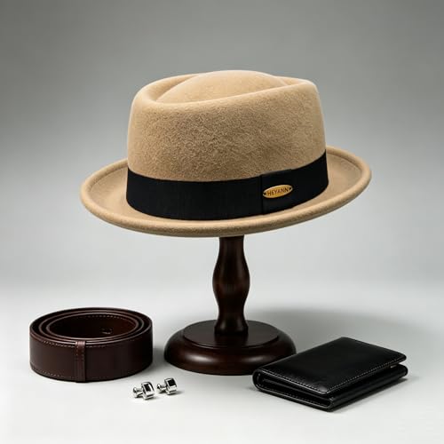 Wool Pork Pie Hat for Men Women, Vintage Fedora Hats 100% Wool Felt Short Brim Porkpie Hat Gentleman Jazz Trilby Hats Unisex - color: Khaki, size: Medium