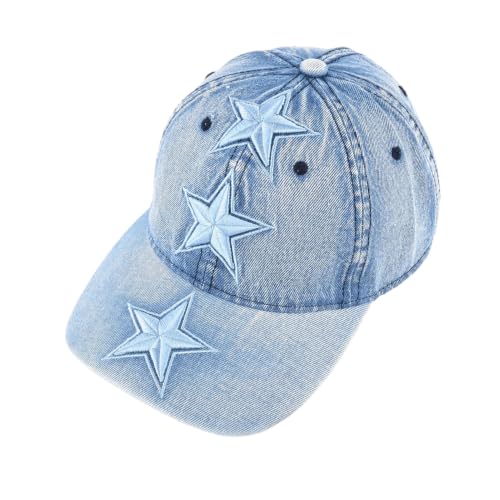 Unisex 3D Star Embroidered Washed Denim Baseball Cap Vintage Men Dad Hat - color: Light Blue