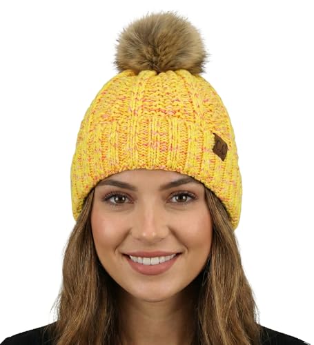 C.C Women’s Popcorn Confetti Knit Beanie Fuzzy Insulated Lined with Faux Fur Pom – Warm Winter Hat & Cozy Skull Cap - color: Neon Yellow