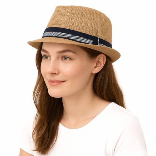 LIDHAY Short Brim Panama Hat Straw Fedora Hats for Men Women Summer Derby Trilby Hats Beach Sun Hat - color: Khaki
