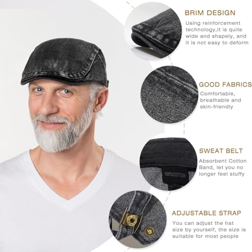 Mens Denim Cotton Newsboy Cap Ivy Gatsby Driving Hunting Cabbie Hat - color: Black