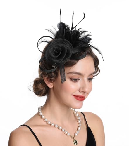 SAFERIN Women's Fascinators Feathers Tea Party Hat Veil Headband with Hair Clip for Cocktail Church - color: M-black