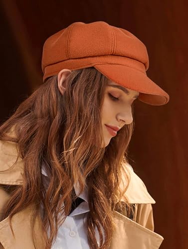 Women’s Newsboy Cap Wool Blend Retro Solid Color Girls Fashion Gatsby Cabbie Visor Beret Hat - color: Caramel